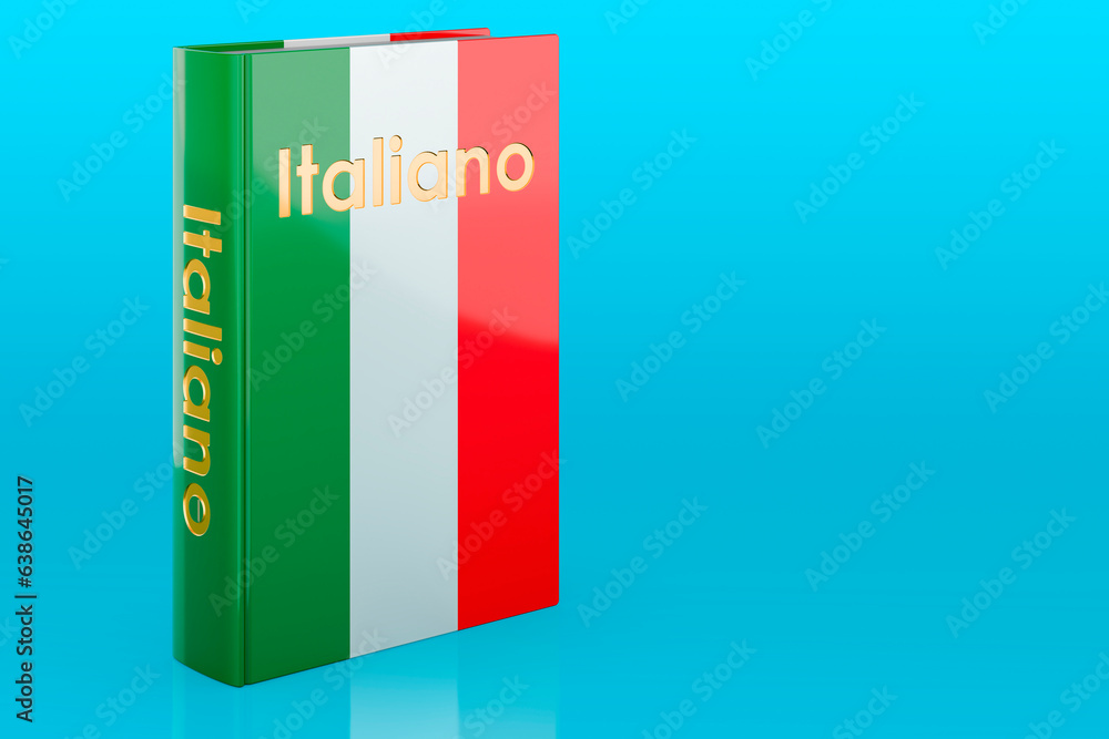 Poster italian language course. italian language textbook on blue backdrop. 3d rendering