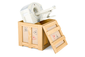 MRI or PET scanner inside wooden box, delivery concept. 3D rendering