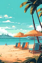 Vacation poster with beach chair and umbrella, generative ai illustration