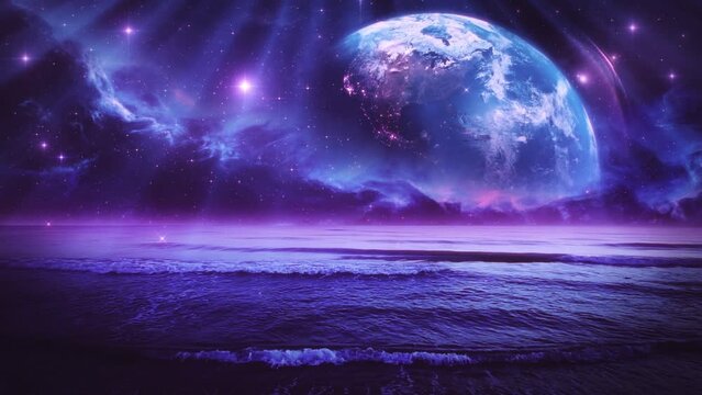 View of Planet Earth from an Alien Sea Shore - Loop Abstract Fantasy Landscape Background