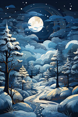Single decorated spruce background snow fairy tale atmosphere background. AI generative