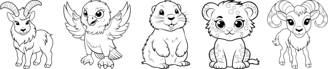 Mountain animals friendly cartoon characters collection. Mountain goat, eagle, alpine marmot, snow leopard and bighorn animal friends. Black outline coloring book vector illustrations.
