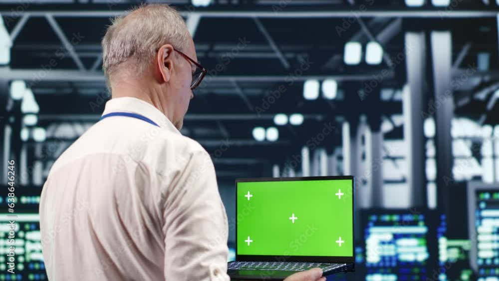 Poster capable it professional navigating network of server clusters in industrial hub. expert with green s