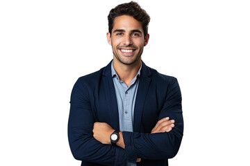 Portrait of handsome smiling young man with folded arms isolated transparent/white background
