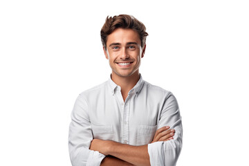 Portrait of handsome smiling young man with folded arms isolated transparent/white background