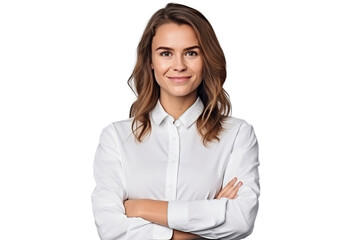 Portrait of handsome smiling young woman with folded arms isolated transparent/white background