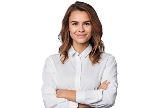 Portrait of handsome smiling young woman with folded arms isolated transparent/white background