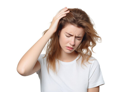 young woman has headache isolated on transparent/ white background
