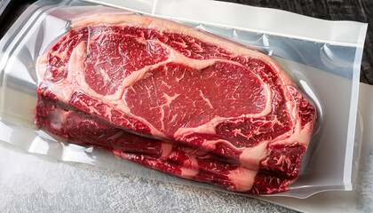 Fresh raw beef ribeye steak sealed in a vacuum pack, preserving its quality and freshness