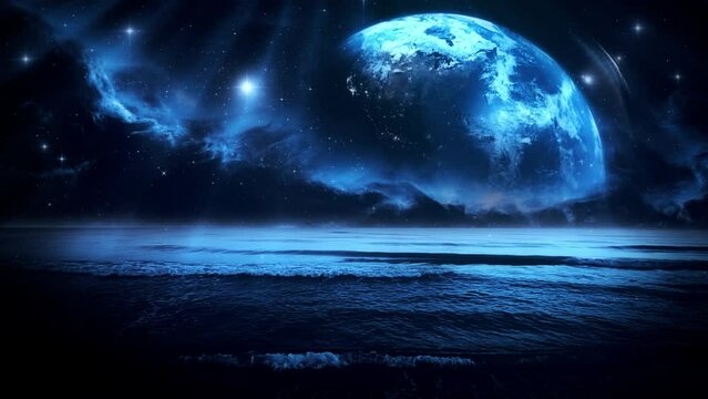View of Planet Earth from a Blue Sea Shore - Loop Abstract Fantasy Landscape Background