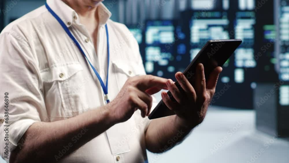 Aufkleber tech savvy professional navigating network of server rigs in industrial cloud computing company. man