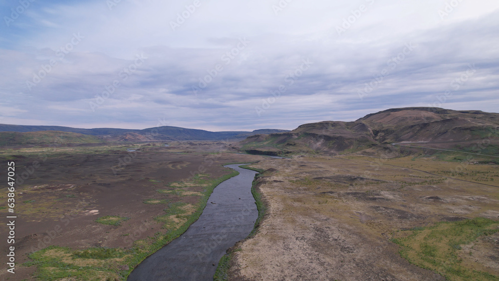 Wall mural the pjorsardalur valley, located in árnessýsla county in between the mount búrfell along the river þ