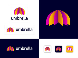 Umbrella logo. The symbol consists of bend strips of colored paper. 3D imitation. Personality. Web buttons. © Nataly