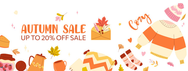 Autumn cozy Sale Banner Vector illustration. Autumn leaves floating in the wind, flat design. Advertising material for print, websites, social networks