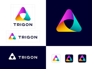 Trigon logo. Three color ribbons, intertwined elements, infinite, looping, rotation icon. Identity.  Web buttons.