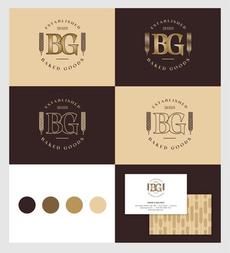 B and G monogram. B, G letters into circle with spikelets. Baked Goods logo. Corporate identity with color, font, seamless pattern and business card.