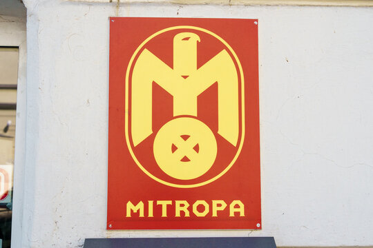 Przemyśl, Subcarpathian, Poland - 22 August 2023: A signboard with the logo of the Mitropa company incorporated into the Deutsche Bahn AG group.