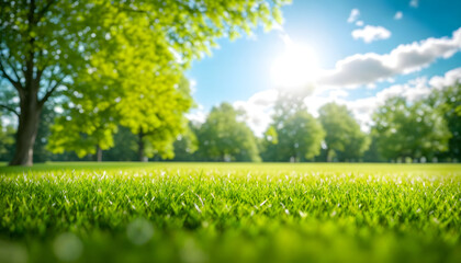 Green lawn with fresh grass outdoors. Nature spring grass background texture, размытый задний план with copy space. Landscaping of a parking area.