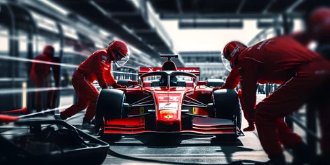 Foto auf Acrylglas Cartoon-Autos red racing car at a pit stop 