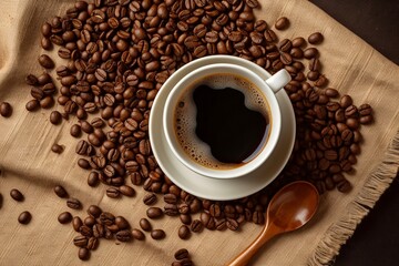 coffee cup and coffee beans on wooden table, top view