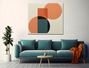 Photo of a cozy living room with a stylish couch and an eye-catching artwork on the wall