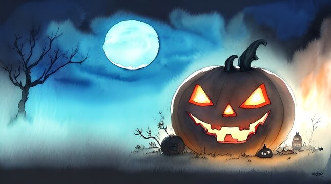 Halloween illustration art with Jack-o-lantern, generative ai