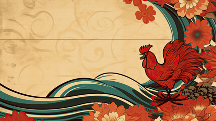 Fototapeta premium Postcard with copy space. Rooster with brown plumage