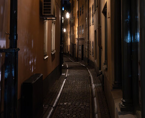 Narrow cobblestone streets of Stockholm on a quiet night