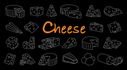 Cheese sketch set. Pieces of cheese with internal holes. Cheddar, camembert, brick, mozzarella, maasdam, brie, roquefort, gouda, feta and parmesan.
