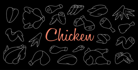 Meat cuts of chicken. Butcher shop. Chicken farming products. Whole chicken, brisket wing, carcass, fillet, ham, leg, breast, shank, drumstick.