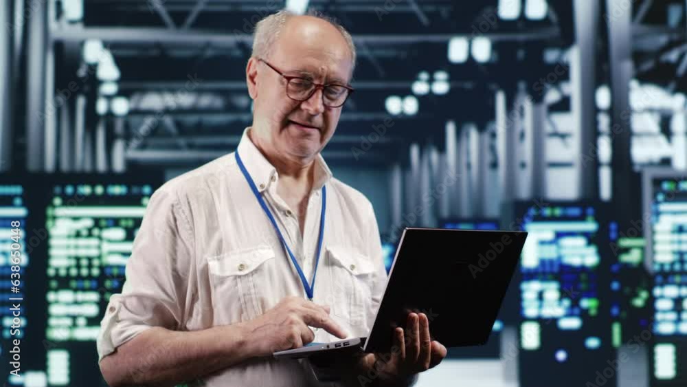 Aufkleber trained it professional navigating network of servers in industrial place. manager with laptop ensur