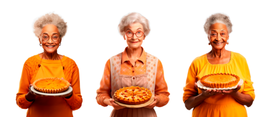 Three senior women holding delicious thanks giving pies posing over isolated transparent and white background