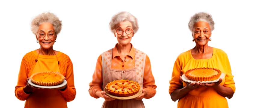 Three senior women holding delicious thanks giving pies posing over isolated transparent and white background