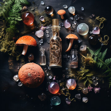 Druid Spellcaster flatlay - witchy herbs
