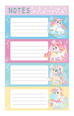 Printable cute unicorns note pages set vector 3