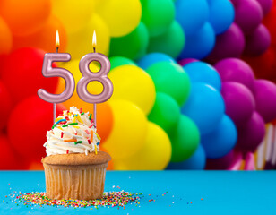 Birthday candle number 58 - Invitation card with balloons in colors of the gay pride march