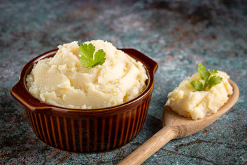 Mashed potato in the bowl. Potato puree.