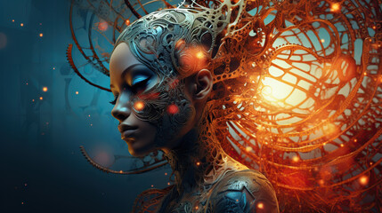 The young humanoid female head is connected to a super computer, symbolizing artificial intelligence. Futuristic illustration of the relationship between humans and neural networks. Copy space