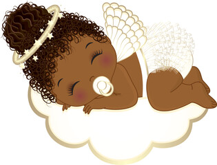 Vector Cute Angel Girl in White Ruffle Diaper Sleeping on the Cloud