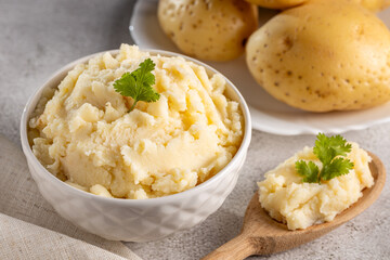 Mashed potato in the bowl. Potato puree.