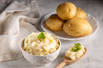 Mashed potato in the bowl. Potato puree.