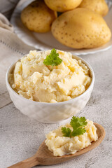 Mashed potato in the bowl. Potato puree.
