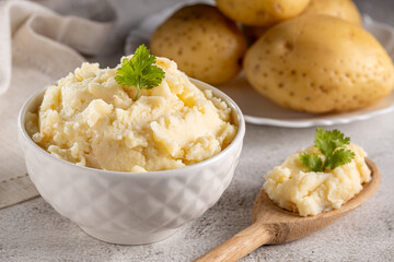 Mashed potato in the bowl. Potato puree.