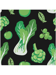 Organic green farm produce. Seamless vector pattern of fresh fruits and vegetables.
