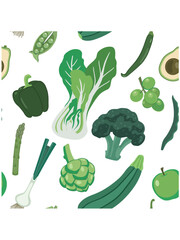Organic green farm produce. Seamless vector pattern of fresh fruits and vegetables.