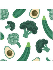 Organic green farm produce. Seamless vector pattern of fresh vegetables.