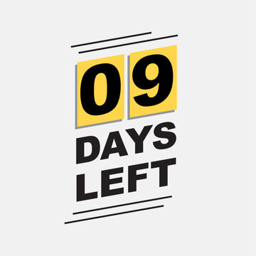 9 days left text. countdown badge. black and yellow calendar. text for stores, businesses, releases,events.