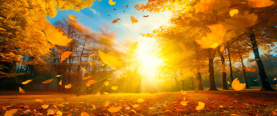 Golden autumn scene in a park with falling leaves, the sun shining through the trees and a blue sky. Beautiful autumn landscape with yellow trees and sun. Colorful foliage in the park, digital ai