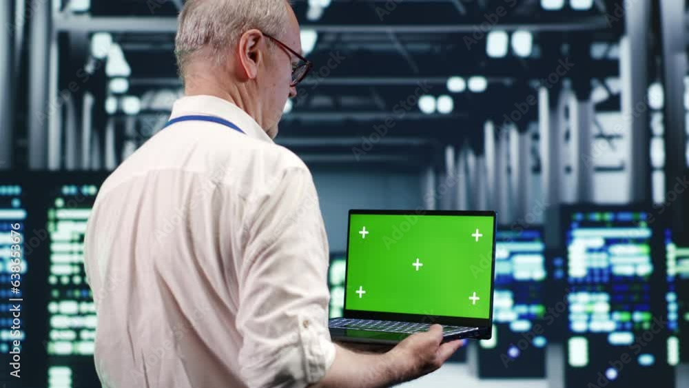Poster efficient it professional navigating network of server rigs in industrial hub. expert using mockup l
