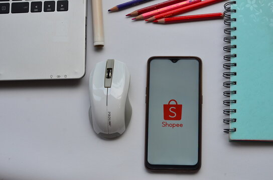 Bekasi, Indonesia - july 6, 2021: shopee on smartphone, popular marketplace in indonesia and asia